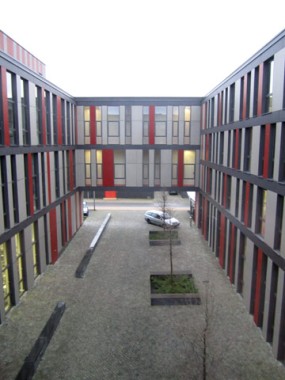 Rechteckiger Innenhof zwischen modernen Gebäuden mit großen Fenstern, mit geparkten Autos und einigen kleinen Bäumen in quadratischen Aussparungen auf einem Kopfsteinpflasterweg.