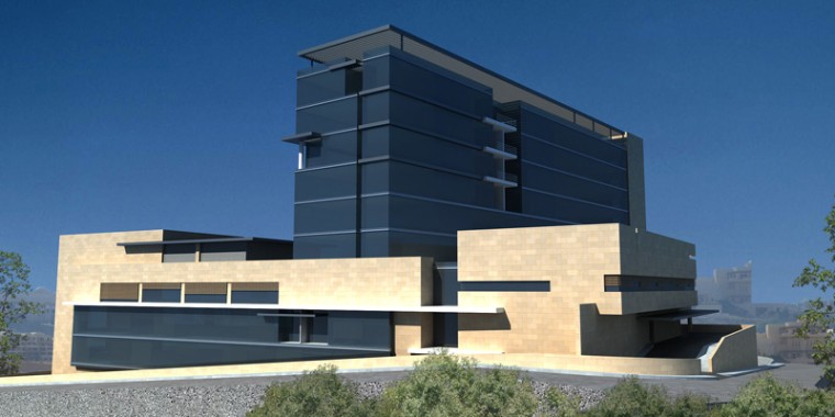 Modernes mehrstöckiges Gebäude mit Glas- und Steinfassade, kantigen Linien und großen Fenstern vor einem klaren blauen Himmel.