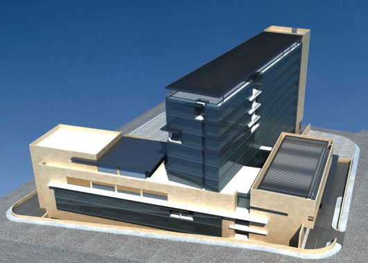 Ein modernes mehrstöckiges Gebäude mit Glasfassaden und beigen Steinelementen, mit kantigen Linien und einem Flachdach, auf einem gepflasterten Grundstück gelegen.