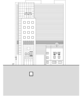 Architektonische Ansichtszeichnung, die drei nebeneinander liegende Gebäude unterschiedlicher Höhe und Fassadengestaltung vor einem schlichten Hintergrund mit einem kleinen Bauwerk unterhalb des Erdgeschosses zeigt.