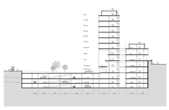 Architektonische Schnittzeichnung eines mehrstöckigen Gebäudes mit Tiefgaragenebenen, oberirdischen Stockwerken, Fahrzeugen, Bäumen und Aufzügen.