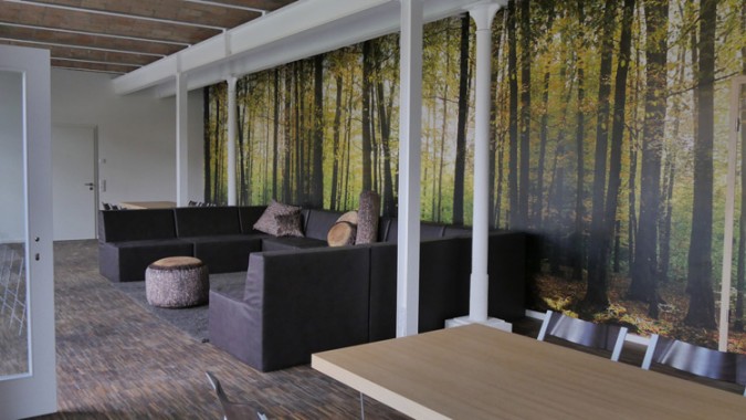 Moderner Wohnbereich mit dunklen Sofas und einem großen Wandgemälde, das einen sonnenbeschienenen Wald darstellt; Holzboden und freiliegende Deckenbalken sichtbar.