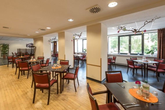 Ein gut beleuchteter Essbereich mit mehreren Tischen und roten Stühlen, die mit kleinen Blumen und Glasflaschen dekoriert sind, neben großen Fenstern, die das Grün draußen zeigen.