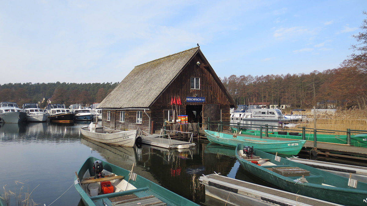 Ein hölzernes Bootshaus mit Strohdach steht am Wasser, umgeben von mehreren kleinen Booten und Yachten, mit Bäumen im Hintergrund.