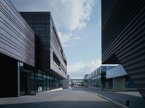 Moderne Bürogebäude mit dunklen Metallfassaden und Glasfenstern säumen einen gepflasterten Fußgängerweg unter einem teilweise bewölkten Himmel.