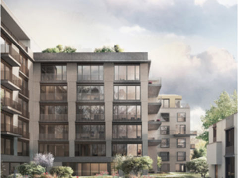 Moderne Wohngebäude mit großen Fenstern und Balkonen umgeben einen begrünten Innenhof mit blühenden Pflanzen unter einem teilweise bewölkten Himmel.