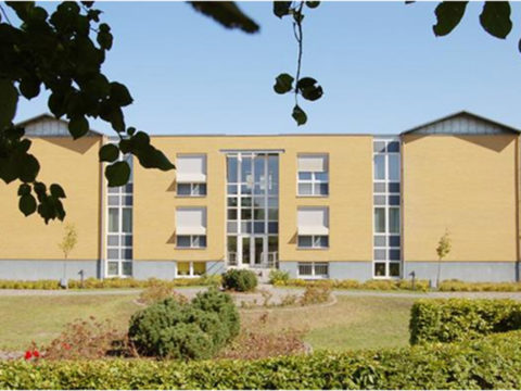 Ein modernes, rechteckiges, gelbes Backsteingebäude mit großen Glasfenstern, umgeben von gestutzten Hecken, Büschen und kleinen Bäumen unter einem klaren blauen Himmel.