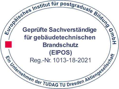 Logo des Europäischen Instituts für postgraduale Bildung GmbH zur Zertifizierung der Fachkunde im baulichen Brandschutz (EIPOS), Registrierungsnummer 1013-18-2021.